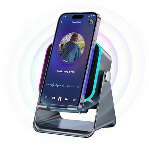5-in-1 Bluetooth Speaker with Wireless Induction & Phone Holder, 5000mAh Battery, RGB Ambient Light, 360°Rotation, Hi-Fi Sound, Fast Bluetooth 5.3, Compatible with Smartphones/Tablets (Black)
