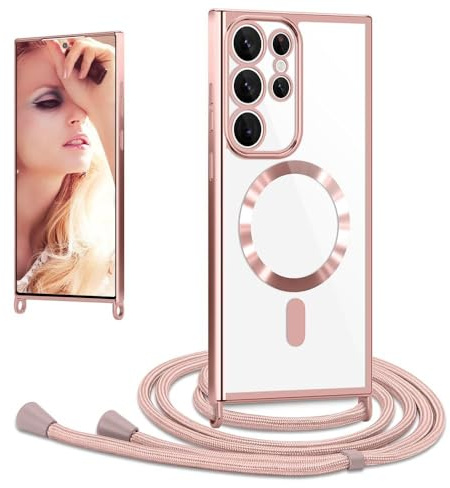 Coque avec Cordon pour Samsung Galaxy S26 Ultra 5G, CaseLover Coque Magnétique de Cellulaire Corde Transparent Silicone Étui en Galvanisé avec Réglable Collier Téléphone Chaîne Lanyard Housse, Or Rose