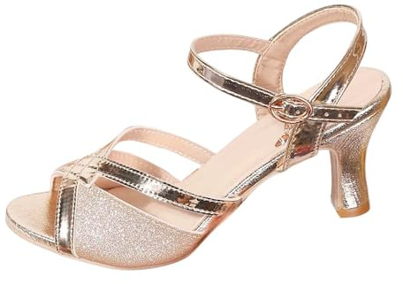 Scarpe da Tango e Salsa Donna con Paillettes e Pizzo, Tacco Medio Basso e Suola in Gomma, Calzature Eleganti per Ballo Latino, Modello Tinta Unita Brillante/A