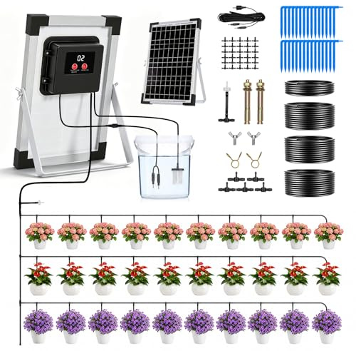 Solar Watering System for 30 Potted Plants, 5W Auto Watering Kit, Solar Irrigation System with Water Timer, with Anti-Siphoning Device, 30m Hose for Garden Plant Greenhouse Balcony Vegetables shrub