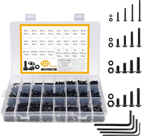 1225 Pcs Tornillos M2 M3 M4 M5, Tornillos con Tuercas y Arandelas