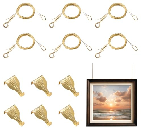 UFURMATE Lot de 6 systèmes de suspension pour photos, y compris fil en laiton, crochet en métal, clip de câble métallique et crochet réglable, matériel de suspension pour affichage d'images d'art (1 m