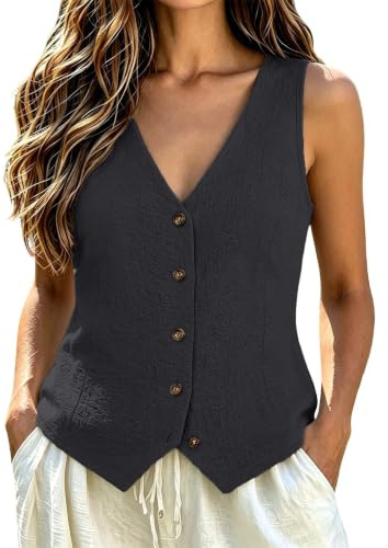 Camisa sin Mangas de Algodón y Lino para Mujer Chalecomujer Verano Cuello en V Botones Frontales Chaquetas Camisetas Basicas Sóliido y Ajustado Elegante Abrigo Vacaciones (2-Black-3, M)