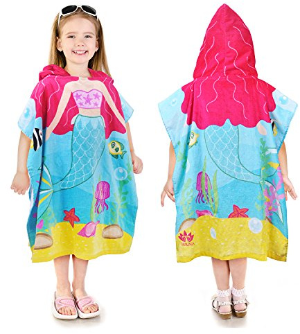 Catalonia Mermaid Hooded Towel, 100% Cotton Swim Poncho for Girls Ages 2-6