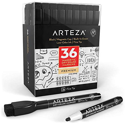 Arteza magnetische Whiteboard Marker in Schwarz, 36 Whiteboard Stifte mit feiner Spitze, trocken abwischbare Stifte für Magnettafeln, Boardmarker mit Filz-Radierer für Büro oder Schule