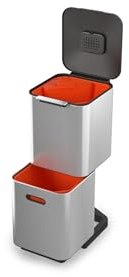 Joseph Joseph Totem Compact 40 Litre Waste Separation and Recycling Kitchen Bin with odour filter and removable food waste caddy, Stainless Steel
