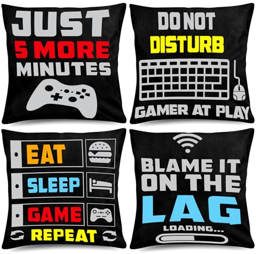 Whaline Video Game Throw Pillow 18 x 18 Inch Gamer Controller Pillow Cover Gaming Throw Cushion Cover 4 Pack Gamepad Logo Pillow Case Design for Home Office Car Sofa Couch Living Room