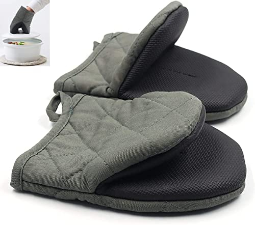 1 Pair Short Oven Mitts, Heat Resistant Silicone Kitchen Mini Oven Mitts for 500 Degrees, Non-Slip Grip Surfaces and Hanging Loop Gloves, Baking Grilling Barbecue Microwave Machine Washable