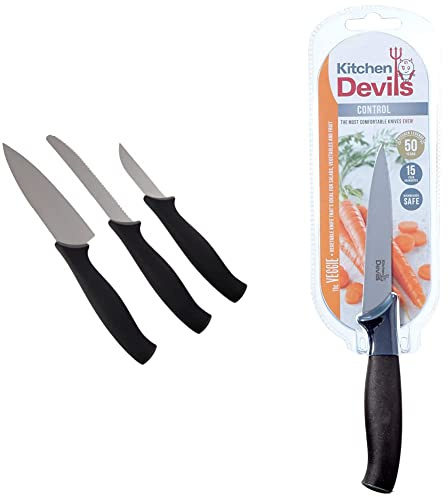 Kitchen Devils S8603017 Control Starter Set, Stainless Steel, Black, 3 PCE & S8603000 Control Vegetable Knife, 10 cm, Multi-Colour