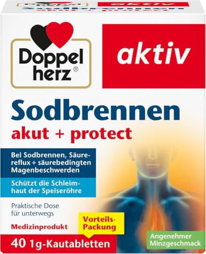 Doppelherz Sodbrennen akut + protect - angenehmer Minzgeschmack | Medizinprodukt bei Sodbrennen, Säurereflux + säurebedingten Magenbeschwerden - 40 Kautabletten mit Minzgeschmack