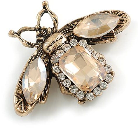 Broche en forme d'abeille en cristal transparent et citrine d'inspiration vintage, ton or vieilli, 48 mm de diamètre, taille unique, Pas de type de métal, Verre diamante