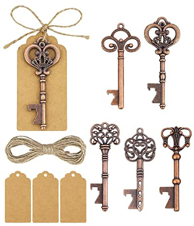 YETOOME 25 abrebotellas de llaves de recuerdo de boda con 25 etiquetas de tarjeta de acompañamiento y cordel para regalo de recuerdo de fiesta de boda (5 estilos mixtos, cobre rojo)