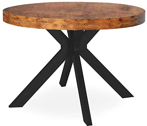 Menzzo Table Ronde Extensible MYRIADE – Noir & Noyer – Design Vintage Moderne – 3 rallonges intégrées – 6 à 10 Couverts – L110 à 260 x P110 x H75 cm