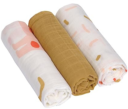 LÄSSIG Coperta Puck per neonati Panno di garza Set di 3 pezzi in cotone 80 x 80 cm/Heavenly soft Swaddle L Little Mateys spicy orange
