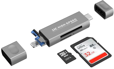 JJC Metal USB C 3.0 SD MicroSD Kartenleser für i Phone 17 16 15 14 13, Grau | Speicherkartenleser Adapter mit drei Anschlüssen und 2 Kartenschlitzen, bis zu 90 MB/s, für i Phone 11 X XR 8 7 6