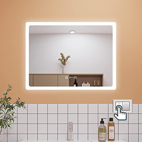 Aica Sanitär LED Badspiegel 70×50cm mit Uhr 3 Lichfarbe dimmbar Memory Wand/Touchschalter Anti-Beschlag Spiegel mit Beleuchtung energiesrarend