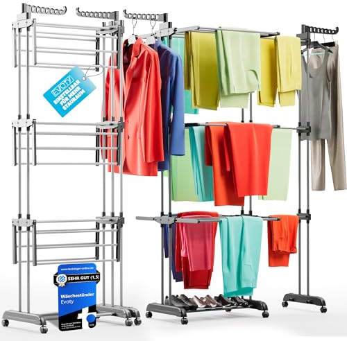 Evoty Turmwäscheständer mit Rollen 2in1 Klappbar, Ausziehbar & Platzsparend, Wäscheturm, Wäscheständer Turm Hoch, Clothes Drying Rack, 4 Etagen & inklusive 2 Socken- Unterwäschehalter