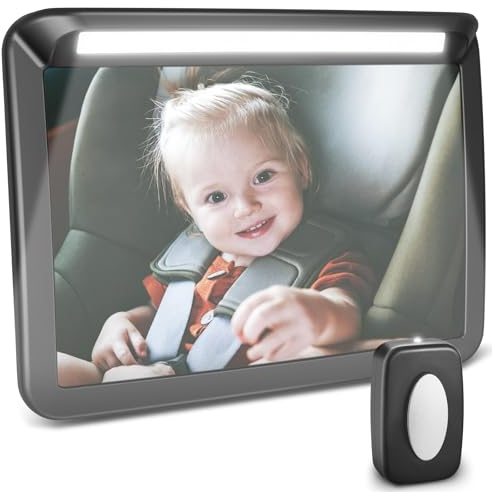 Zacro LED Baby Car Mirror - 3 Brightness Baby Rear View Car Mirror for Backseat with Remote Control - 360° Rotatable Rear Facing Baby Mirror with Dual Strap and Buckles, Shatterproof, Convex Mirror