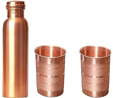 Lot de bouteilles d'eau Tamba en cuivre (1 l) avec 2 gobelets en verre Tamba en cuivre (250 ml) - Finition mate anti-saleté, anti-fuite et sans joints - Bouteille d'eau