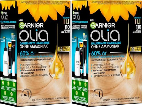 Garnier Olia 110 Kühles Aschblond Dauerhafte Haarfarbe ohne Ammoniak mit pflegenden, natürlichen Ölen, Vollständige Grauhaarabdeckung, Permanente Coloration, 1 Stück (Packung mit 2)