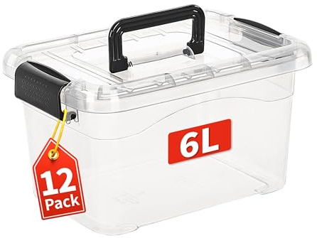 Cetomo 6L*12 Cajas de Almacenaje Plástico con Asa Incorporada, Contenedores Apilables y Anidables con Tapa y Asa, Transparentes, para Hogar, Residencia y Oficina, 6L(12 unidades)