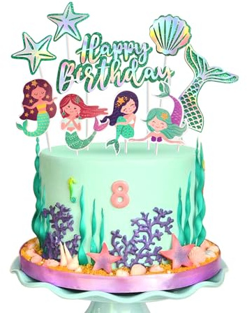 Regendeko Happy Birthday Glizer Meerjungfrau Tortendeko Geburtstag Mädchen Tortenaufleger Kuchendeko Meerjungfrau Party Deko Kindergeburtstag (Grün)