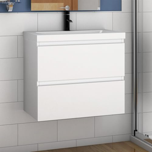 500mm Wall Hung Bathroom Gloss White 2 Drawer Vanity Unit Cabinet with Ceramic Sink Basin Storage Cabinet Furniture