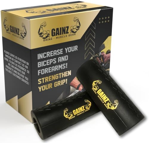 Gainz – Adaptateurs de prise épaisse – Noir et or, long (12,1 cm) – Haltères / Haltères d'haltérophilie – Cultivez de plus gros biceps