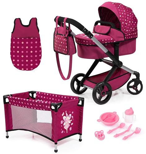 Bayer Design 17067AB Puppenwagen Xeo, Verstellbarer Griff, Schwenkschieber, wandelbar als Jogger, Schlafsack, Puppenbett, Zubehör, Bordeaux, Rosa