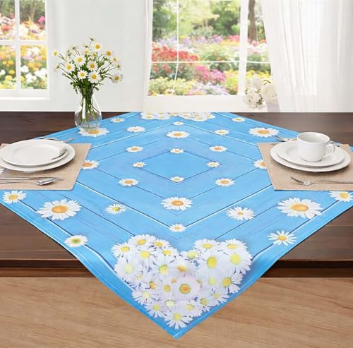 KAMACA Tischdecke Blaue Mitteldecke mit Margeriten & Blumenmotiv, Tischdeko für Frühling & Sommer, eckige Tischwäsche mit Blumen für Küche, Esstisch & Wohnzimmer ganzjährig (85x85 cm Margeriten)