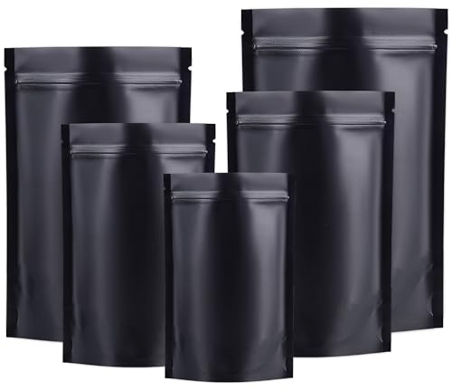 K KAREZOG 100 sacchetti in Mylar richiudibili, con chiusura lampo, sacchetti neri a prova di odore, in alluminio, riutilizzabili, in Mylar sigillati a caldo, sacchetti per imballaggio alimentare (nero