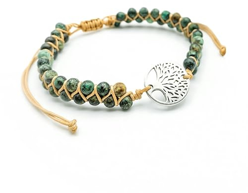 AusTree Lebensbaum Armband – Geschenk für Damen, Mutter, Tochter, Mädchen - Yoga Jaspis Edelstein Perlenarmband Anhänger Spirituell & Glücksbringer – Perlen Schmuck grün– 16 – 24cm