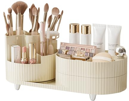 DASITON Make up Kosmetik Organizer,360° Drehbarer Make Up Pinsel Organizer,Großer Kapazität Kosmetik Aufbewahrung mit Schubladen,Schmink Organizer für Frisiertisch,Schlafzimmer,Badezimmer(Creme)