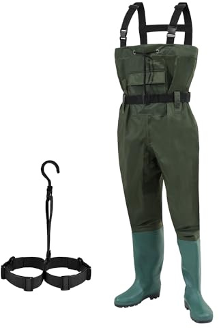 Vkechh Wathose Herren, Anglerhose 70D Nylon mit Stiefe, PVC Watthosen Wasserdichtl mit Haken, Angelhose mit Verstellbarer Schultergurt, Fischerhose für Baustellen, Gärten