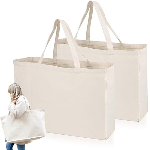 KUIZHEN Cotton Bag, 2 PCS Bags Tote Reusable Large Canvas Bag with Handle