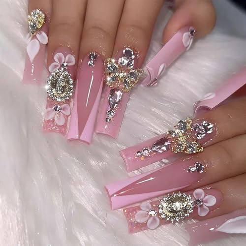 Hebterrka 24 Stk Press On Nails, Juwel Design, Falschakryllacknägel, Blumen Schmetterling Muster, Fingernägel