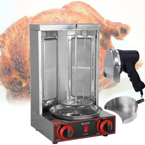 Beachtiful Máquina Comercial de a Gas Máquina Vertical de Kebab de GLP Horno Asador para Barbacoa Sin Humo (2 Quemadores) para Asado de Pollo, Asado de Pavo, Tacos, Asado, Carne de Res,Pan+Knife