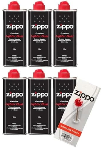 Ziippo Lighter Fuel Set of 6 x Petrol Original Lighter Fluid Refill Petrol 125 ml Each + Ziippo Flint Card