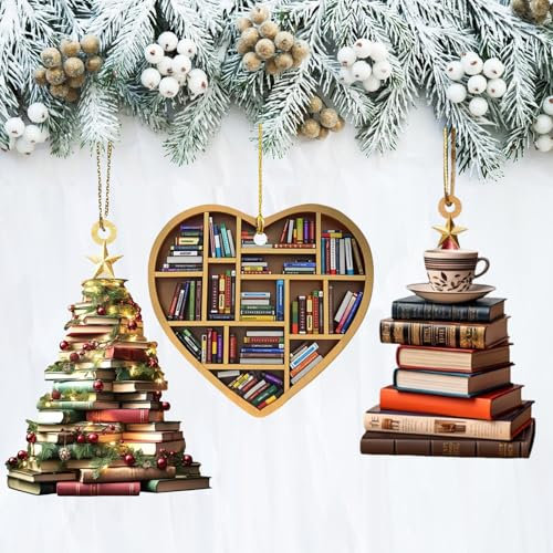 3PCS Book Christmas Tree Ornaments - Stacked Books Ornament Hanging Gift Decorations for Christmas Tree (Heart)
