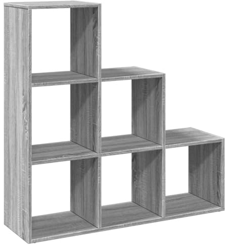 Makastle Bücherregal 6 Fächern schmales Regal Stufenregal Ordnungssystem Treppenregal Leiterregal Aufbewahrungsregal für Wohnzimmer Arbeitszimmer, Grau Sonoma 99x29x99 cm