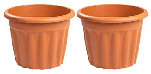 FotoStation Set of 2 x 40cm Terracotta Traditional Round Plastic Planter 20L Capacity Approx. Garden Plant Pot Indoor/outdoor Medium Floor Plant Pot for Vegetables, Plants, Flower Pot MADE IN UK