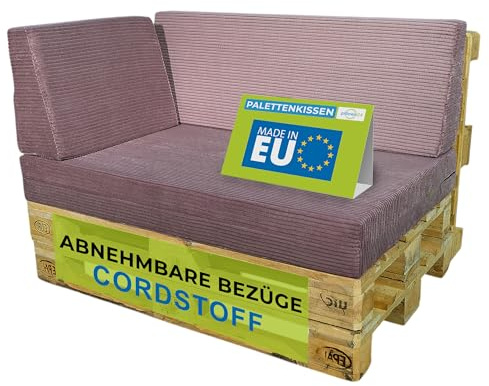 Pillows24 Palettenkissen 3er Set aus Cord, Abnehmbarer Bezug | Sitzkissen & Rückenkissen für Europaletten 120x80, Weiche Palettenauflage für Haus, Garten, Balkon, Made in EU, Pflaume