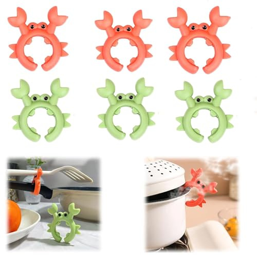 LZZEM 6Pacs Porte-cuillère en forme de crabe réglable en silicone anti-brûlure pour casseroles, poêles et comptoirs, résistant à la chaleur, facile à nettoyer, idée cadeau amusante