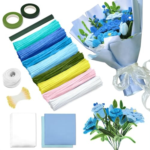 Pfeifenreiniger Set, 500 Stück 8 Farben Pfeifenreiniger Set zur Herstellung von Verschiedenfarbigen Pfeifenreiniger Sträußen, Blumenpapier, Bändern, Dochten, Stäben, kreativen Blumen DIYBlue