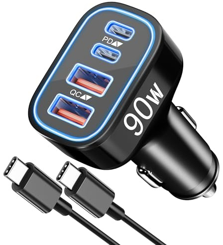 90W 4-Port USB C Super Fast Car Charger for Samsung Galaxy S26/S25/S24/S23/S22 Ultra, iPhone 17/16/15 Pro Max, Android, Type C Fast Charging Car Phone Charger Adapter Accessories + 3FT USB-C Cable