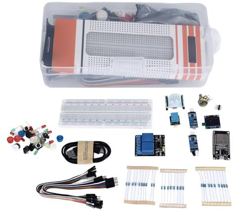 Starter Kit Development Board WIFI Connectivity Multi Interface Programmable with OLED Display Sensors LEDs Resistors Buzzers Breadboard for DIY Maker Projects ABS Plastic