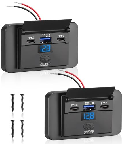 Thlevel Prise USB C 12V Chargeur de Voiture - Charge Rapide Double 36W PD3.0 et QC3.0 18W Étanche avec voltmètre numérique et Interrupteur pour Camping-Car, Voiture, Bateau
