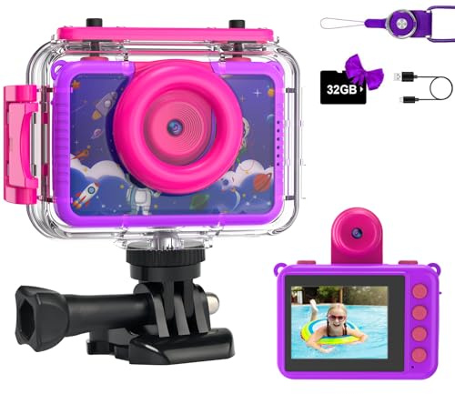 GKTZ Kids Waterproof Camera - 1080P HD Underwater Video Camera for Children, Selfie Digital Camera for Girls Ages 3-14 with 32GB SD Card, Toy for 3-9 Year Old Girls Boys