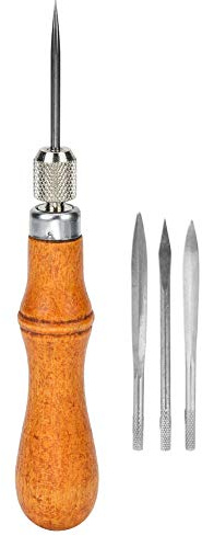 4 in 1 Multifunctional DIY Wood Handle Leather Craft Sewing Awl, Hand Stitching Tool with 4 Replaceable Steel Awl Heads, Leathraft Tool for Quilting, Hole