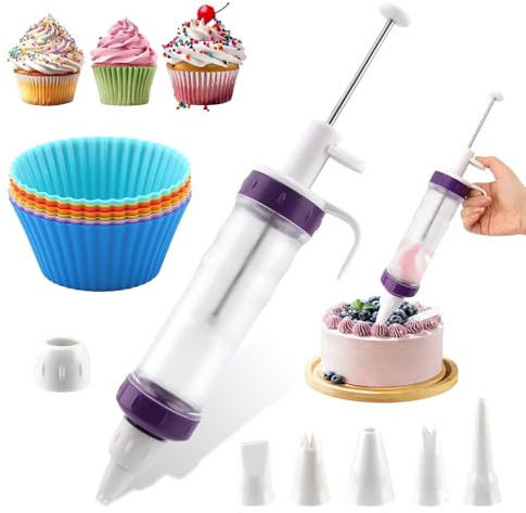 Dessert Decorating Syringed Set Icing Dispenser Tool With 5 Icing Nozzles,2 Connector Rings,8 Cake Baking Cups,Cake Decorating Gun for Frosting Cream to Make Cupcakes